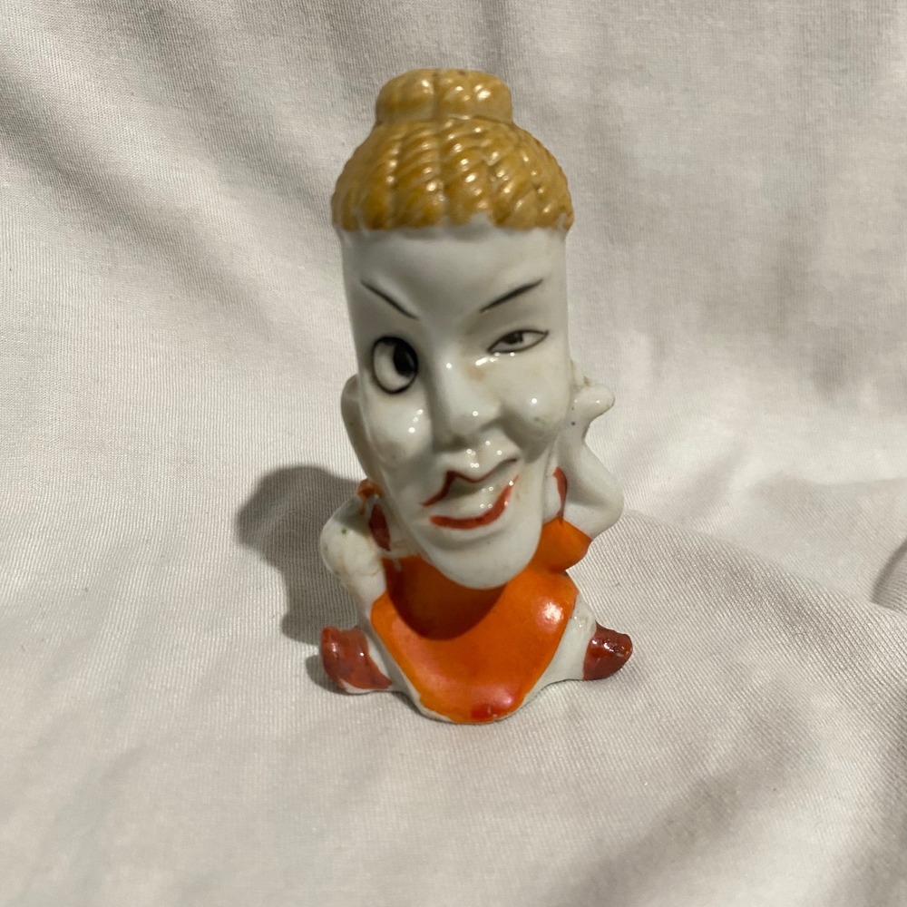 Vintage Japan Porcelain Winking Woman Figurine Caricature Kitsch Decor